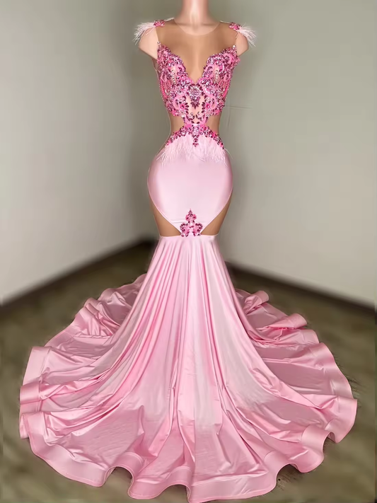 Pink African American Prom Dresses Mermaid Sheer Beaded Feather Black Girls Nigeria Robe De Soiree Evening Gown Customized