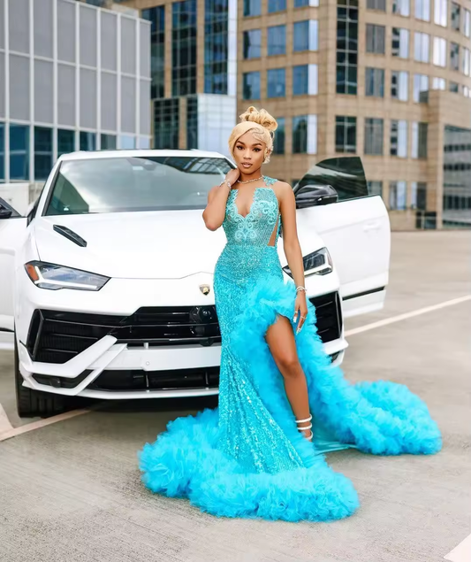 Crystal Turquoise Prom Dresses Ruffle Side Slit Beading Sequins Mermaid Formal Evening Dresses Gowns
