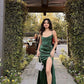 Green Satin Side Slit Long Evening Prom Dresses