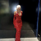 Red Sequins Long Prom Dress Sheath Deep V Neck Evening Dress