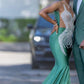 Dark Green Sleeveless Mermaid Prom Dress with Scoop Neck and Crystal Embellishments