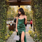 Green Satin Side Slit Long Evening Prom Dresses