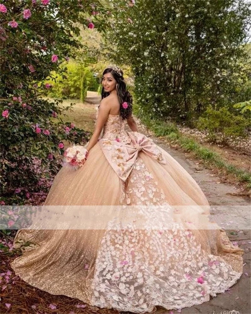 Princess Champagne Ball Gown Quinceanera Dresses Beaded Appliques Sweet 16 Dress With Bow vestidos de 15 anos