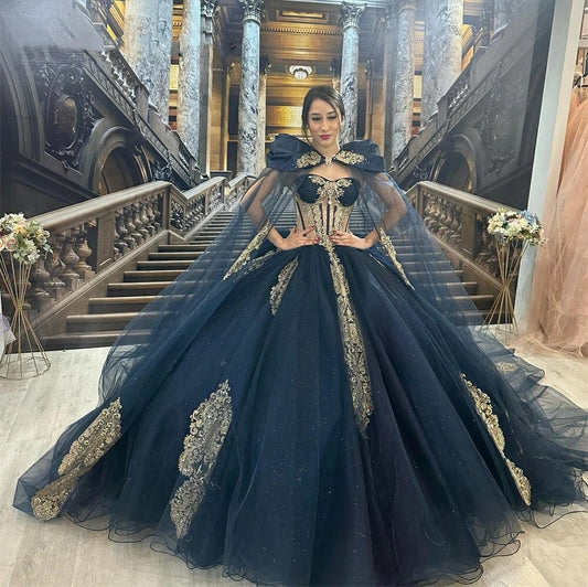 Gold Beaded Appliques Black Quinceanera Dresses Ball Gown With Cape Tulle Sweetneck Sweep Train Plus Size Prom Party Gowns