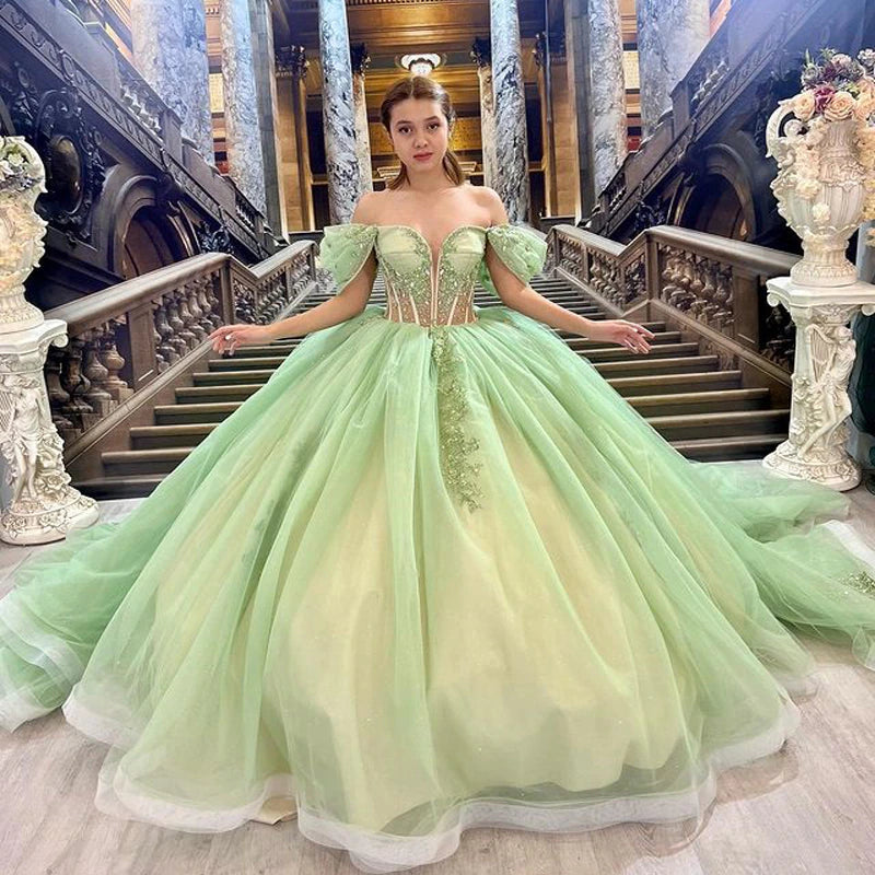 Glittering Green Sweetheart Quinceanera Dress Off Shoulder Beading Floral Appliqué Vestidos De 15 Anos Ball Gown