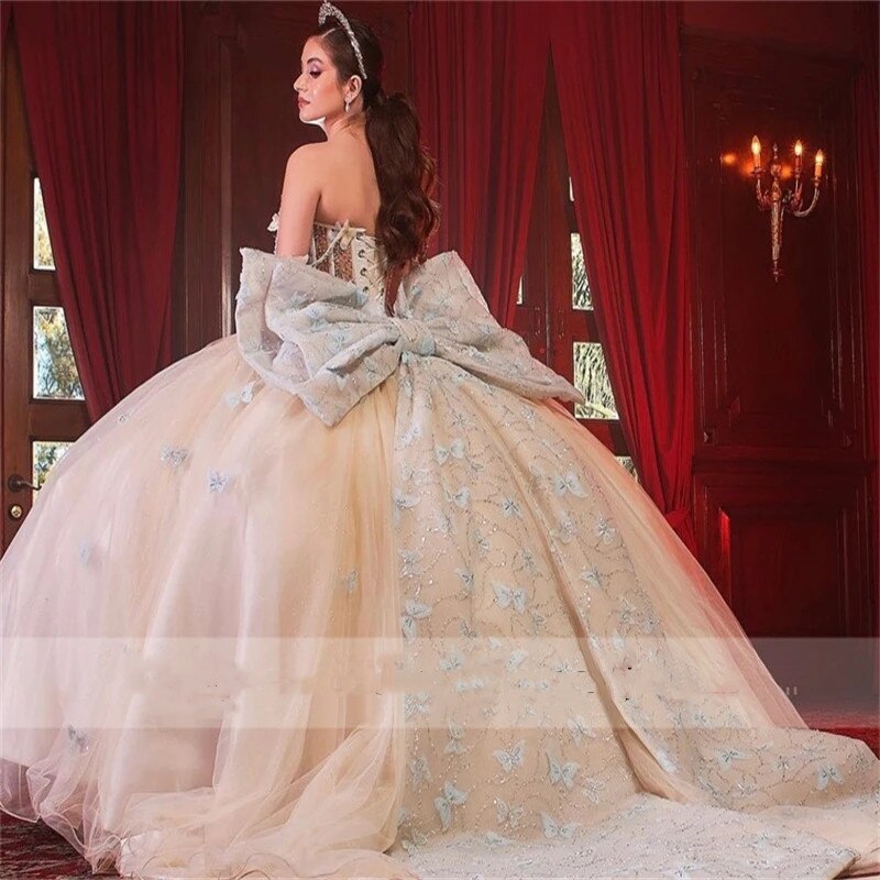 New Arrival Princess Ball Gown Quinceanera Dresses 3D Butterfly Appliques Bow Birthday Prom Party Dress For 15th Girls