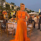 Sexy Orange Chiffon A Line Prom Party Dresses For Women High Neck With Sparkly Beaded Floor Length Formal Birthday Evening Gowns