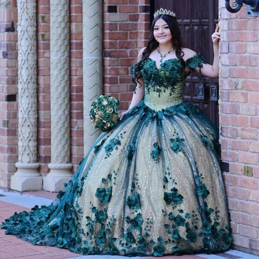Elegant Emerald Green Lace Quinceanera Dresses For Sweet 15 Girls Luxury Plus Size Birthday Party Gowns With 3D Floral Appl