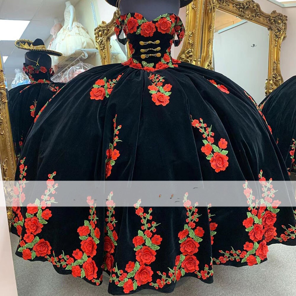 Charro Embroidery Quinceanera Dresses Off Shoulder Mexican Vestidos De 15 Años Backless Sweet 16 Pageant Dress