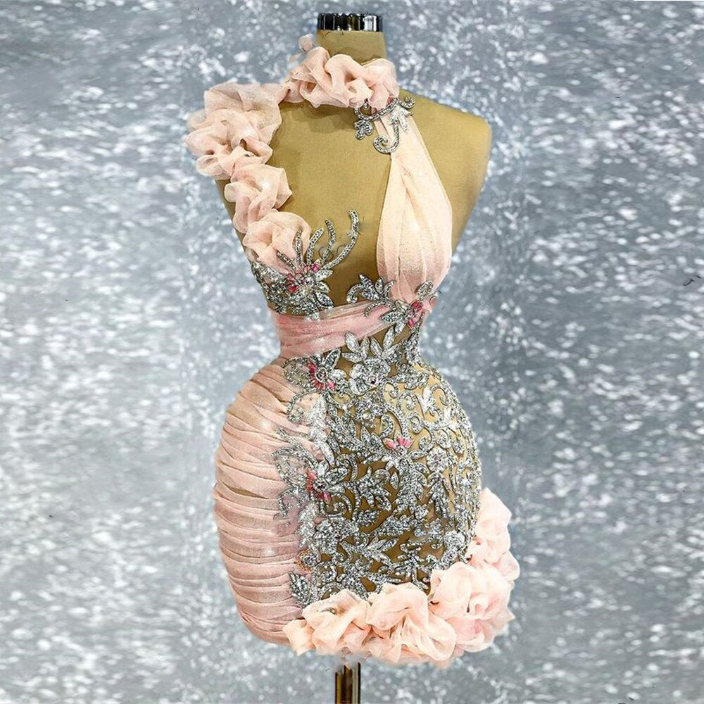 Floral Prom Dresses Women See Through Pencil Shape Mini Beaded Prom Dress Sexy Layered Tiered Above Knee Length