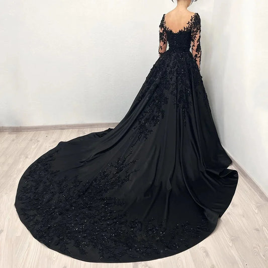 Customized Large Round Neck Long-Sleeved Wedding Dress Bridal Gown Beaded Sequined Applique Backless Satin Wedding Dress