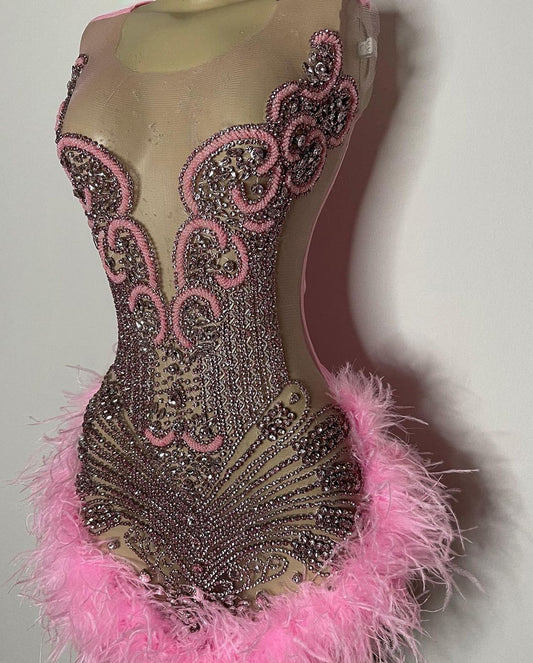 Luxury Sheer Sexy See Through Birthday Party Gowns Sparkly Diamond Pink Feather Black Girls Short Prom Dresses