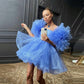 Blue Ruffles On Shoulder Mini Prom Dresses Above Knee Length Tulle Vestido De Curto Girls Layered Prom Dress Short Custom