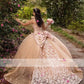 Princess Champagne Ball Gown Quinceanera Dresses Beaded Appliques Sweet 16 Dress With Bow vestidos de 15 anos