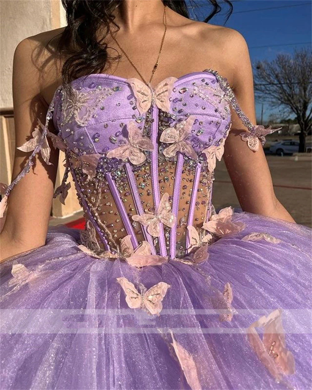 Purple Princess Evening Dress Ball Gown Sweetheart Butterfly Flower Girl Formal Party Gowns Sweet 16 Quinceanera Dress