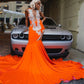 Sexy Orange Sheer O Neck Long Prom Dress For Black Girls 2023 Beaded Crystal Split Birthday Party Evening Gowns