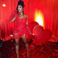 Fashion Short Dress Mini Length Applique Red Prom Dress Girl for Party Club Sexy Sheer Prom Gowns with Gloves Above Knee