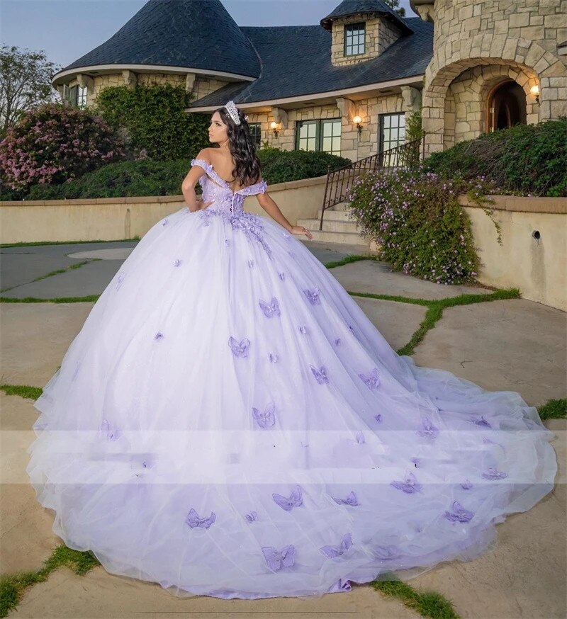 Lilac Princess Ball Gown Quinceanera Dresses 2023 Off Shoulder Butterfly Appliques Crystal Vestido De 15 Anos 16th Prom Evening