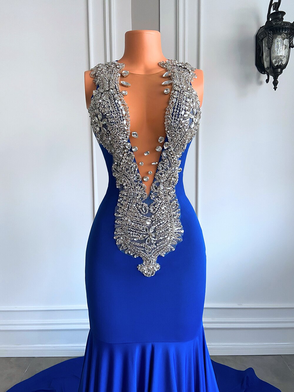 Long Elegant Prom Dresses 2023 Sexy Mermaid Style Luxury Sparkly Diamond Royal Blue Spandex Black Girl Prom Gala Gowns