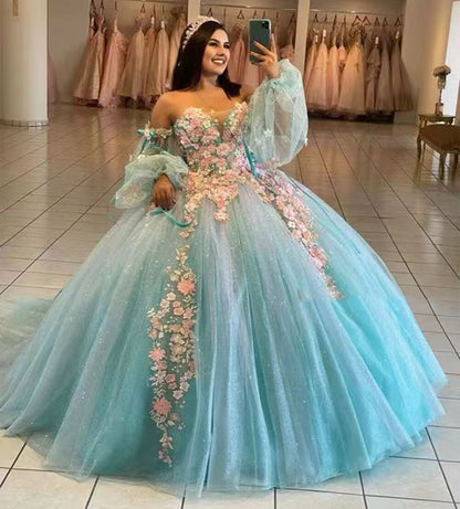 Glitter Sweetheart Princess Prom Party Dresses Quinceanera Dress 3D Flowers Ball Gown Sweet 15 16 Dress For Girls