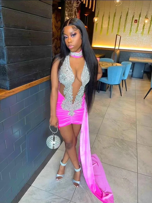 Pink Diamond Short Prom Dresses Black Girls Birthday Party Dresses Beaded African Mini Cocktail Dresses Homecoming Customized