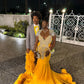 Yellow Velvet Mermaid Prom Dresses With Sliver Tassels Beading Featherss For Special Occasions Party Gowns