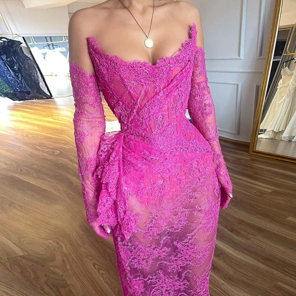 Hot Pink Prom Dresses 2022 V-Neck Sleeveless Lace Evening Gowns Sleeveless High Quality Illusion Sexy Mermaid Formal Party Dress