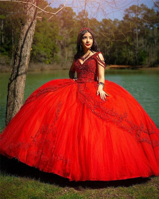 Sparkly Red Sweet 16 Ball Gown Quinceañera Dresses Beaded Sequins Tassels Plus Size Vestido De 15 Anos Prom Party Gowns