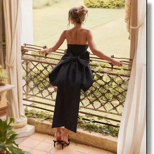 Bow Pearl Backless Sexy Puffy Mini Dress Women Summer Strapless Bodycon Short Dresses Vestidos Female Elegant Party Dress 2025