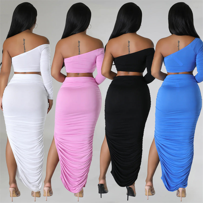 Clubwear One Shoulder Crop Top and Side Slit Ruched Long Skirt Elegant Festival Outfits for Women Maxi 2 Piece Dress Sets