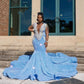 Sky Blue Sheer O Neck Long Prom Dress For Black Girls 2023 Appliques Birthday Party Dresses Sequined Mermaid Evening Gowns