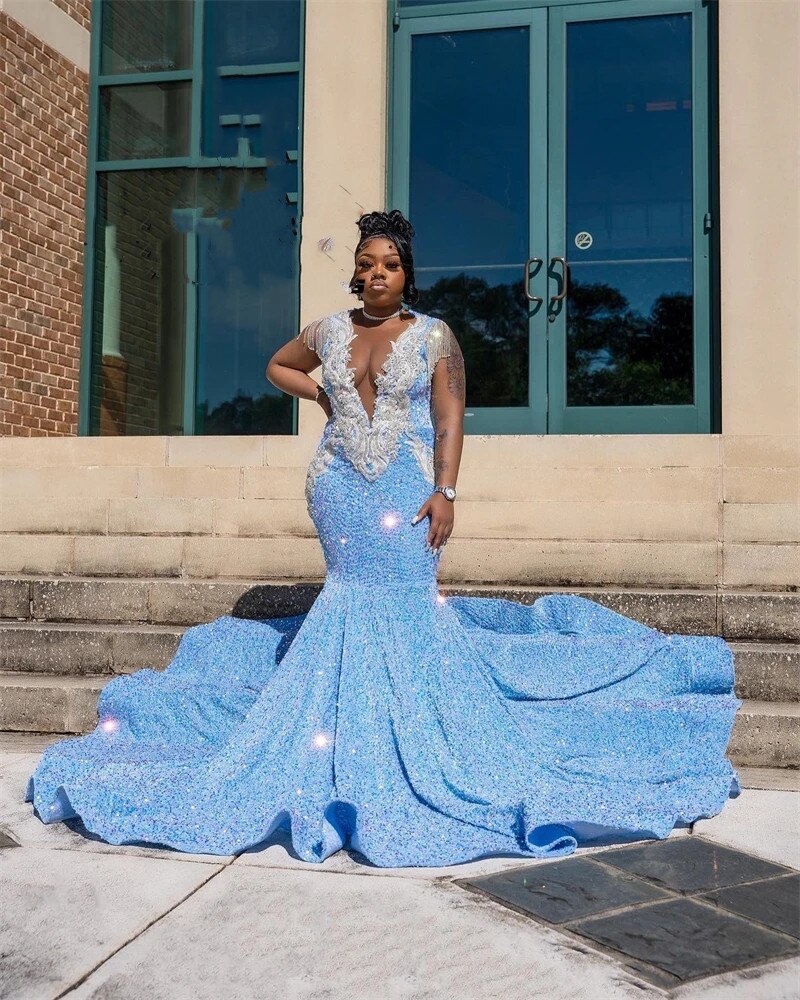 Sky Blue Sheer O Neck Long Prom Dress For Black Girls 2023 Appliques Birthday Party Dresses Sequined Mermaid Evening Gowns