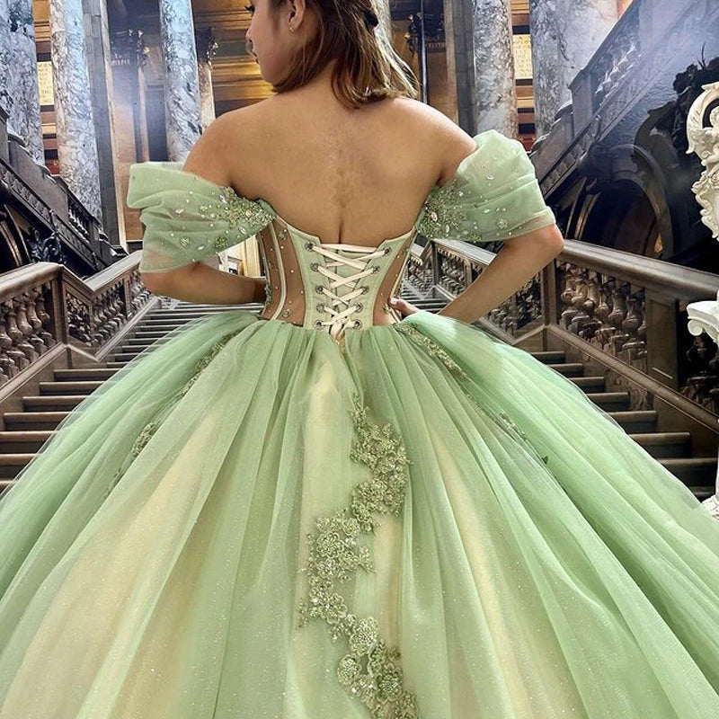 Glittering Green Sweetheart Quinceanera Dress Off Shoulder Beading Floral Appliqué Vestidos De 15 Anos Ball Gown