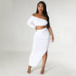 Clubwear One Shoulder Crop Top and Side Slit Ruched Long Skirt Elegant Festival Outfits for Women Maxi 2 Piece Dress Sets