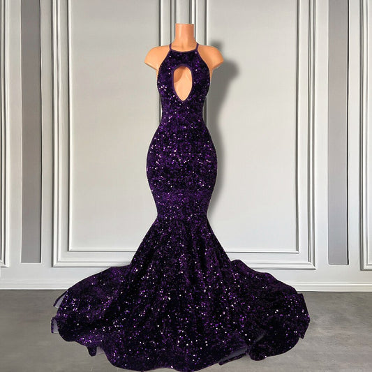 Sexy Mermaid Style Real Sample Cut Out Sparkly Purple Sequined Black Girls Elegant Long Prom Dresses Women