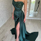 Dark Green Satin Mermaid Prom Party Dresse 2023 Strapless Sexy Front Split Sweep Train Formal Evening Occasion Gowns