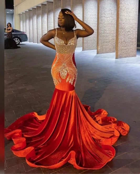 Sparkly Beaded Mermaid Prom Dresses For Black Girls 2023 Orange Velvet Plus Size Formal Birthday Party Evening Occasion Gowns Ve