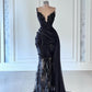 V-Neck Black Elegant Mermaid Prom Dress Sequined Lace Appliques Formal Evening Gowns Illusion Tulle Custom Made Vestido De Novia