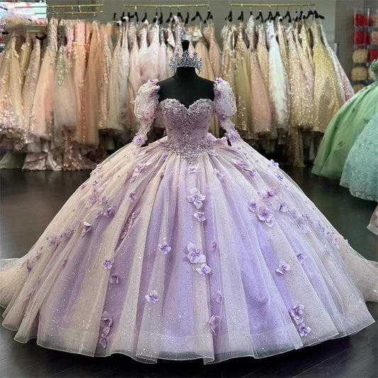 Purple Flowers Quinceanera Dresses Bow Two Sleeves Appliques Crystal Sweet 15th Prom Party Gowns Luxury Vestidos