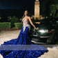 Royal Blue Sequins Mermaid Prom Dresses With Sheer Neck Plus Size Formal Evening Occasion Gowns Cheap