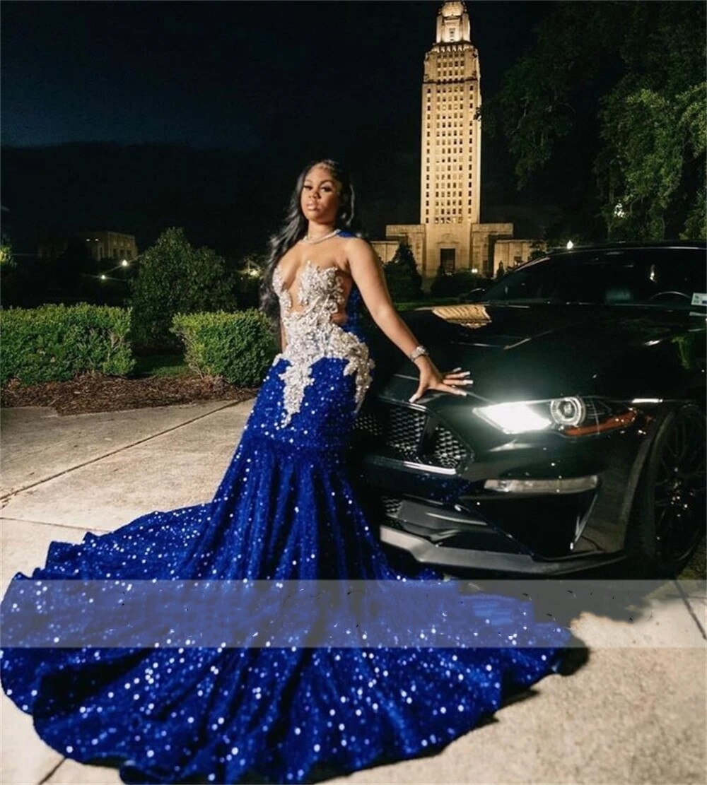 Royal Blue Sequins Mermaid Prom Dresses With Sheer Neck Plus Size Formal Evening Occasion Gowns Cheap