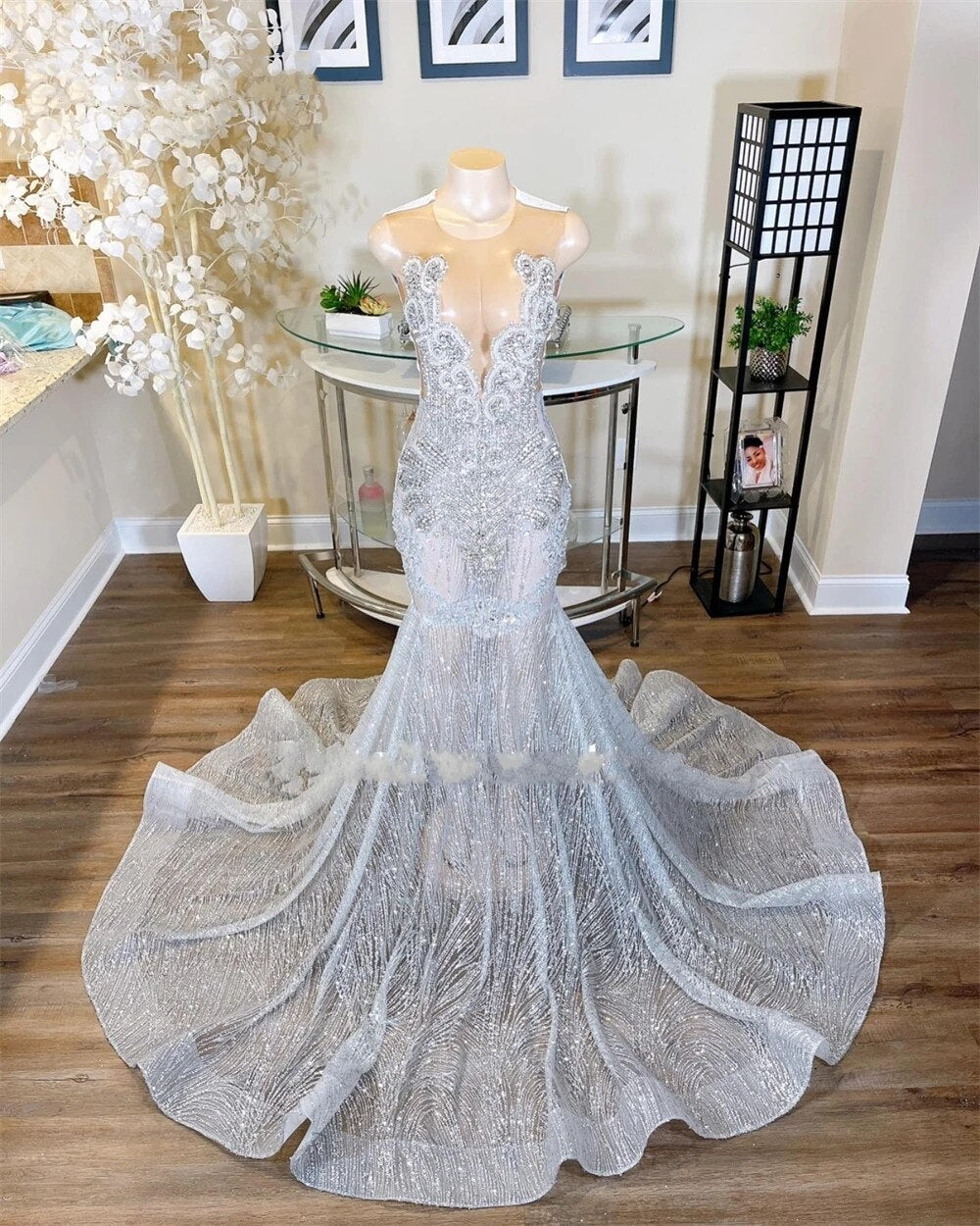 Sparkly Prom Dresses 2023 Silver O Neck Mermaid Crystal Beading Birthday Party Gown vestidos de gala