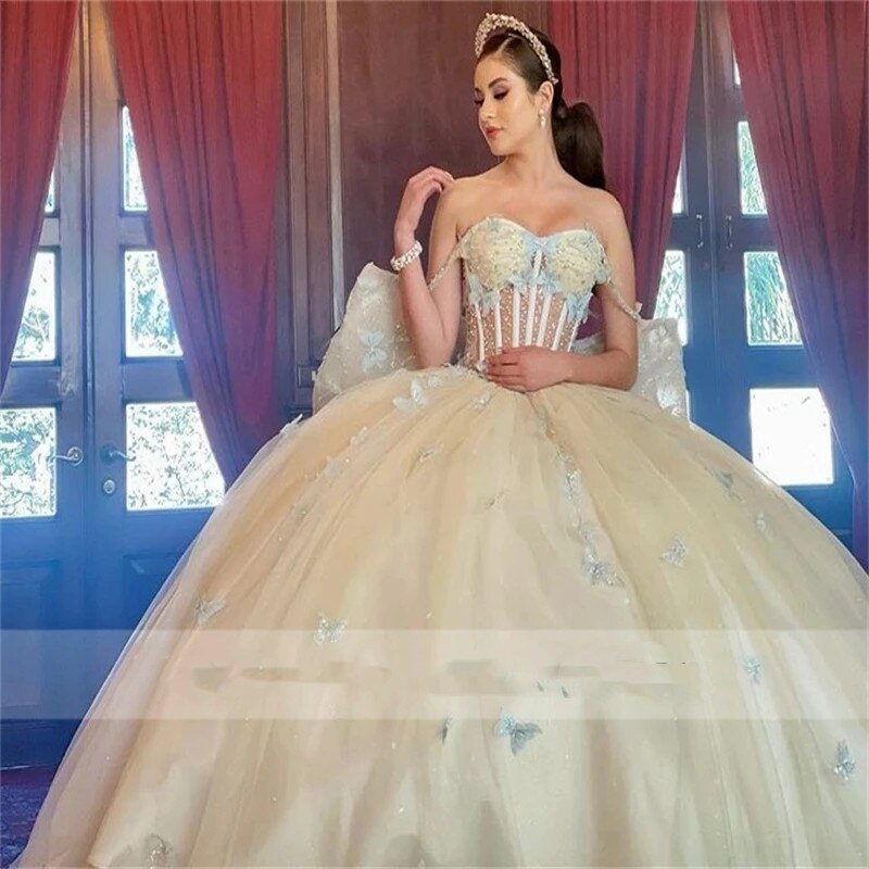 New Arrival Princess Ball Gown Quinceanera Dresses 3D Butterfly Appliques Bow Birthday Prom Party Dress For 15th Girls