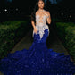 Royal Blue Sequins Mermaid Prom Dresses With Sheer Neck Plus Size Formal Evening Occasion Gowns Cheap