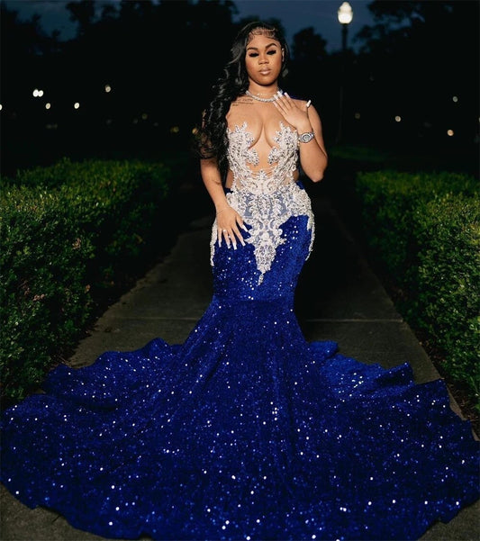 Royal Blue Sequins Mermaid Prom Dresses With Sheer Neck Plus Size Formal Evening Occasion Gowns Cheap