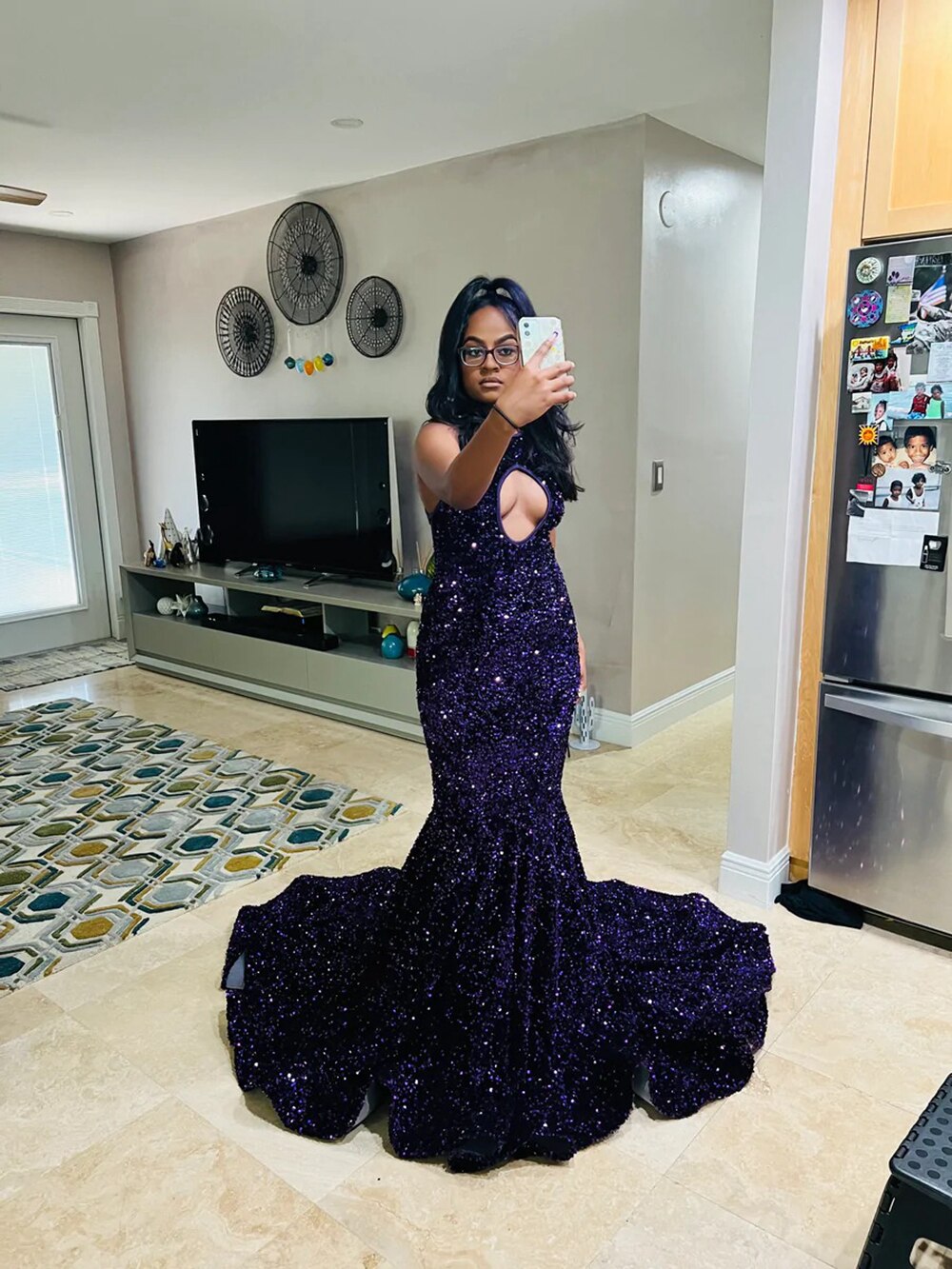 Sexy Mermaid Style Real Sample Cut Out Sparkly Purple Sequined Black Girls Elegant Long Prom Dresses Women