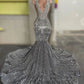 Luxury Crystal Black Girls Prom Dresses Sparkly Beads Mermaid Velvet Sequins Gray Formal Evening Gowns Maxi Graduation Party