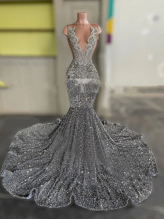 Luxury Crystal Black Girls Prom Dresses Sparkly Beads Mermaid Velvet Sequins Gray Formal Evening Gowns Maxi Graduation Party