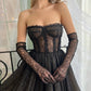 Charming Little Black Lace Dresses Strapless Exposed Boning Formal Womem Cocktail Party Gowns Tea Length Sparkly Maxi Night