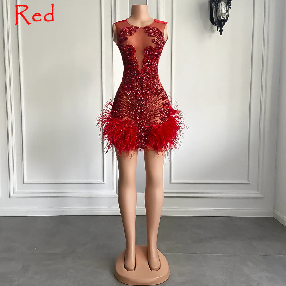 Luxury Pink Diamond Women Birthday Dress Sexy See Through Feather Formal Occasion Cocktail Black Girls Short Prom Dresses 2023